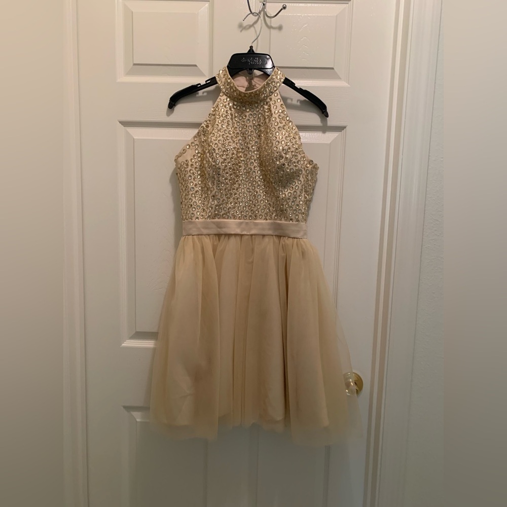Champagne Halter Hoco Dress with Embellished Bodice